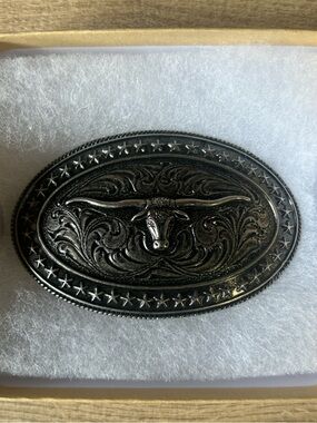 Western Longhorn Oval Belt Buckle - Silver Tone